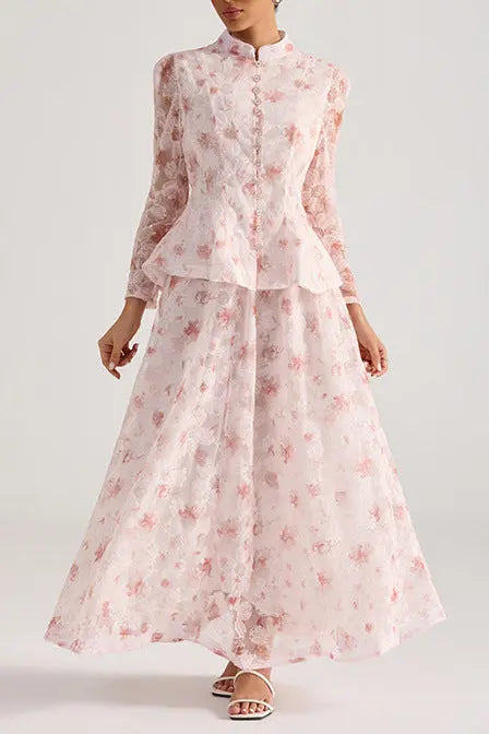 Rebecca Pink Floral Embroidered Long-Sleeve Top Skirt Set Avalabel