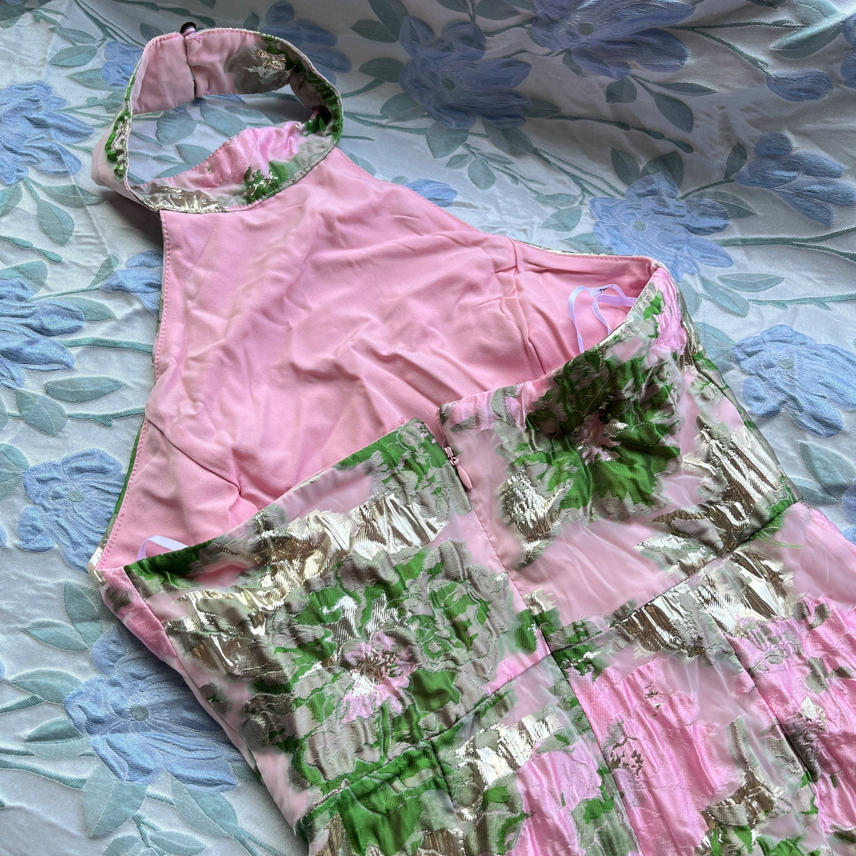 Jacquard Pink Green Floral Open Back Mini Dress Avalabel