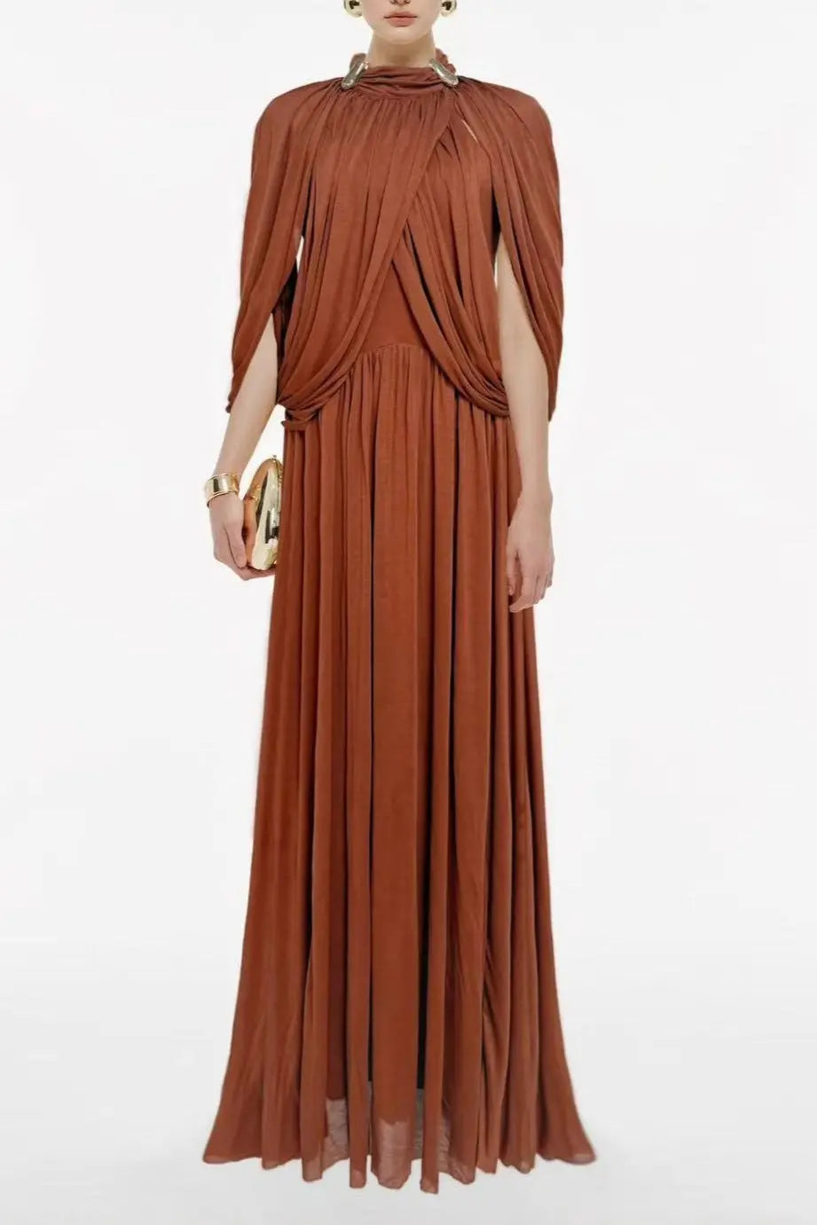 leona brown Draped Cape Sleeve Knit Maxi Dress Avalabel