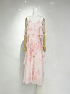 Beverly V-Neck Spaghetti Strap Chiffon Maxi Dress - Pink Avalabel