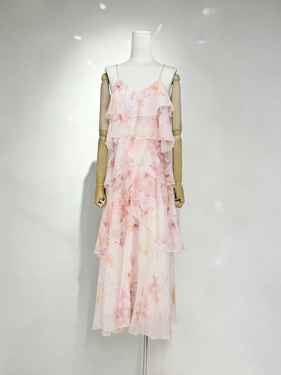 Beverly V-Neck Spaghetti Strap Chiffon Maxi Dress - Pink Avalabel