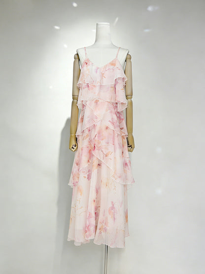 Beverly V-Neck Spaghetti Strap Chiffon Maxi Dress - Pink