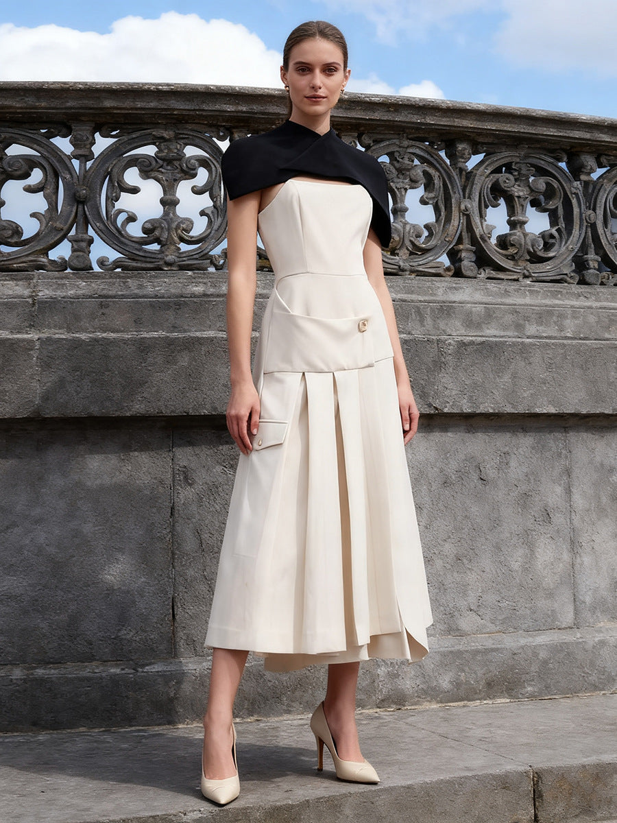Gustave Khaki Cape Sleeveless Irregular Midi Dress Avalabel