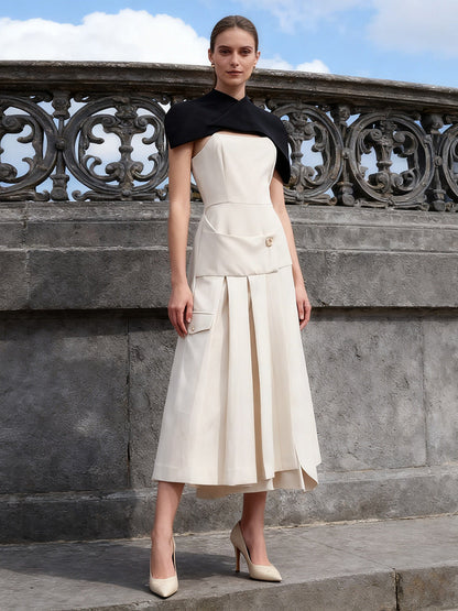 Gustave Khaki Cape Sleeveless Irregular Midi Dress