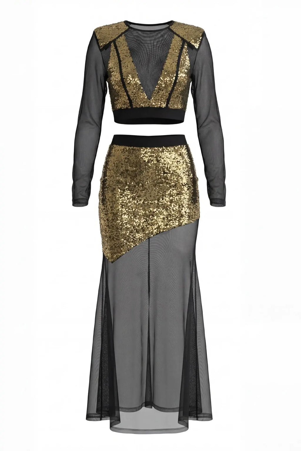 eudora Gold sequin mesh patchwork sheer two-piece set Avalabel