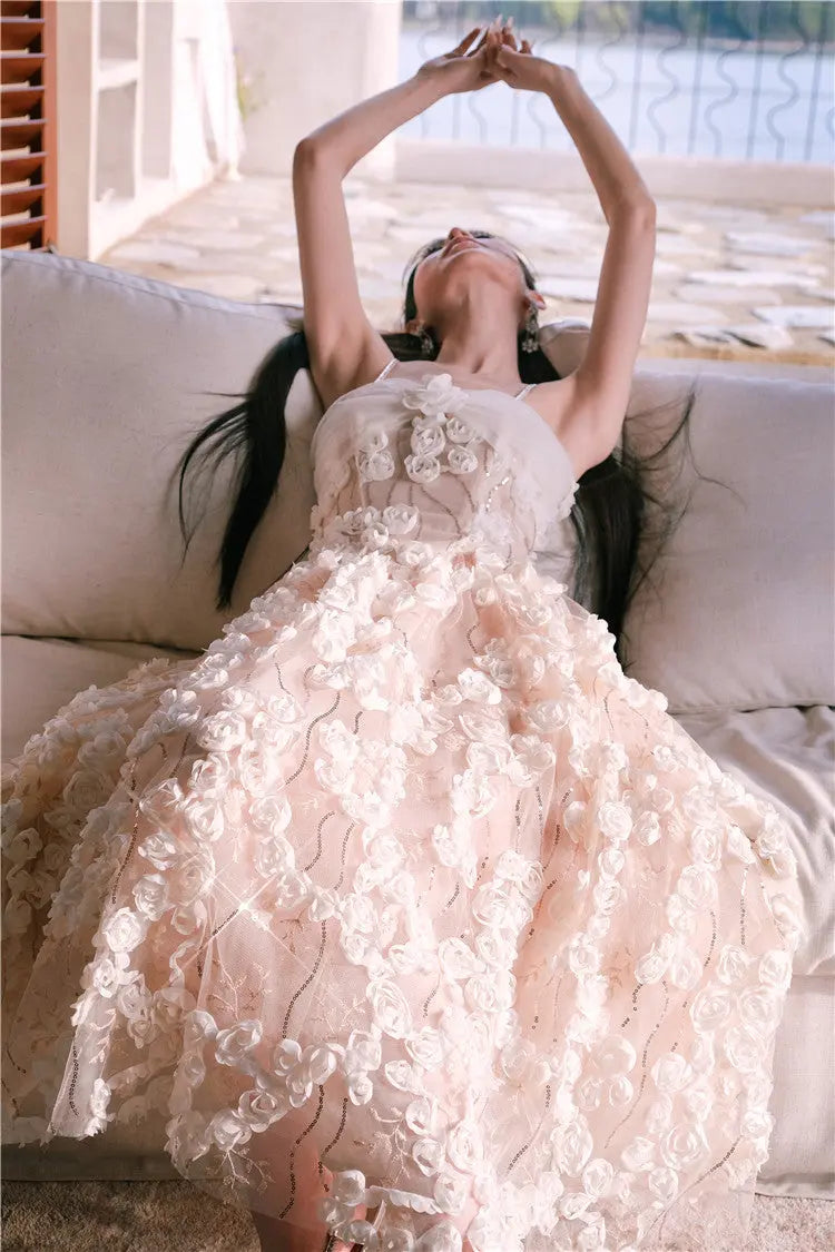 Leah White/Beige Sleeveless  Flower Dress Avalabel