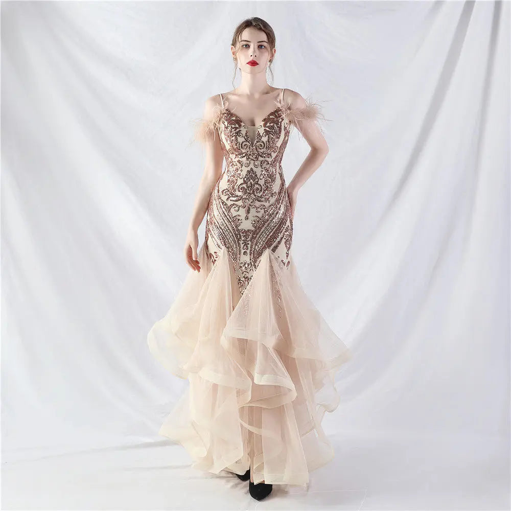 feather sequin strapless tulle maxi dress Avalabel
