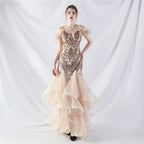 feather sequin strapless tulle maxi dress Avalabel