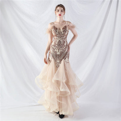 feather sequin strapless tulle maxi dress