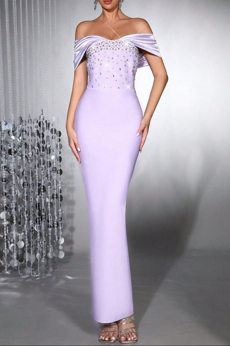 Belen Diamond off-Shoulder Bodycon Maxi Bandage Dress in Pale Purple Avalabel