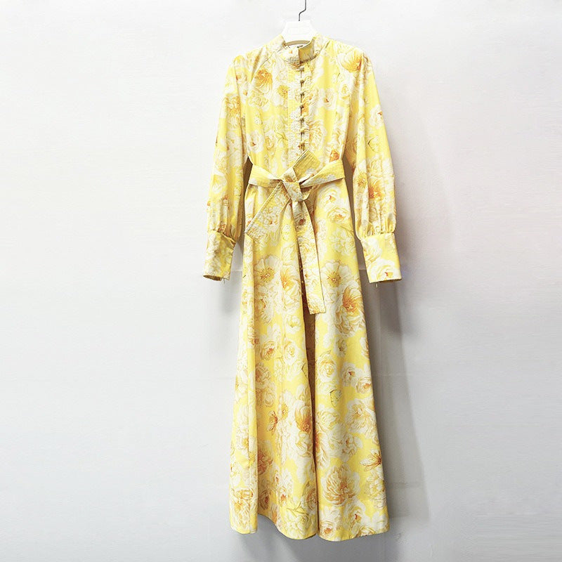xaviera Long Sleeve Floral Printed Chiffon Maxi Dress in yellow Avalabel