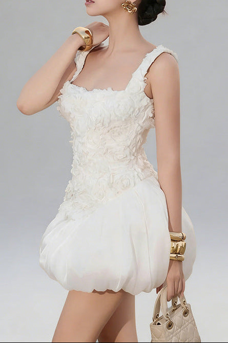 jocelyn flower embellished puffy mini dress in white