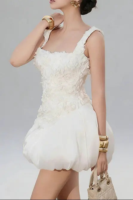 jocelyn flower embellished puffy mini dress in white Avalabel