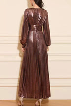 nora Metallic Brown V-Neck Long Sleeve Pleated Maxi Dress Avalabel