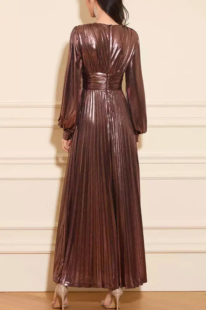 nora Metallic Brown V-Neck Long Sleeve Pleated Maxi Dress Avalabel
