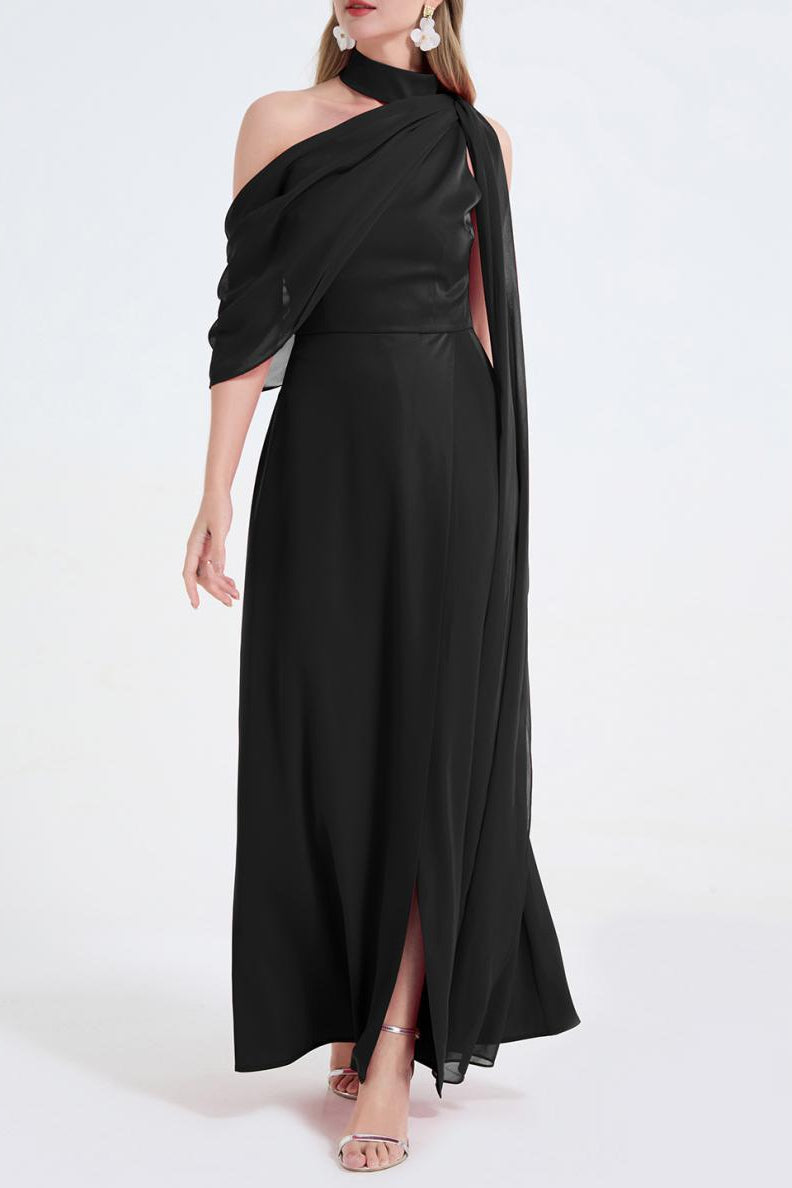Tammy Tailored One-Shoulder Detachable Collar Maxi Dress in Black Avalabel