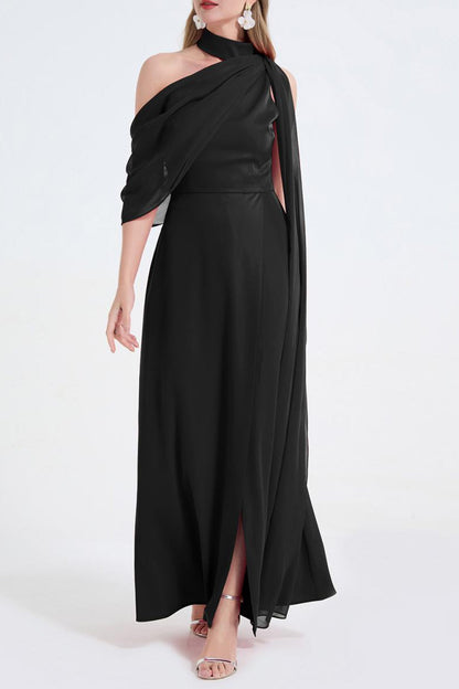 Tammy Tailored One-Shoulder Detachable Collar Maxi Dress in Black