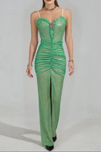 bertha high slit pleated sequin maxi dress in green Avalabel