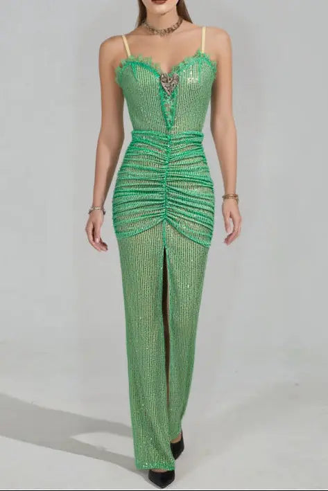 bertha high slit pleated sequin maxi dress in green Avalabel