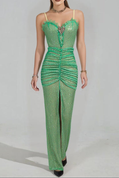 bertha high slit pleated sequin maxi dress in green