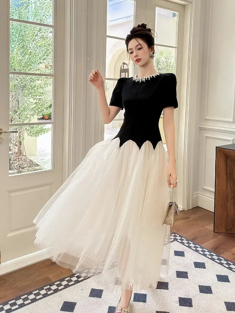 Leona Black-White Two-Tone Rhinestone Neck Tulle Maxi Dress Avalabel