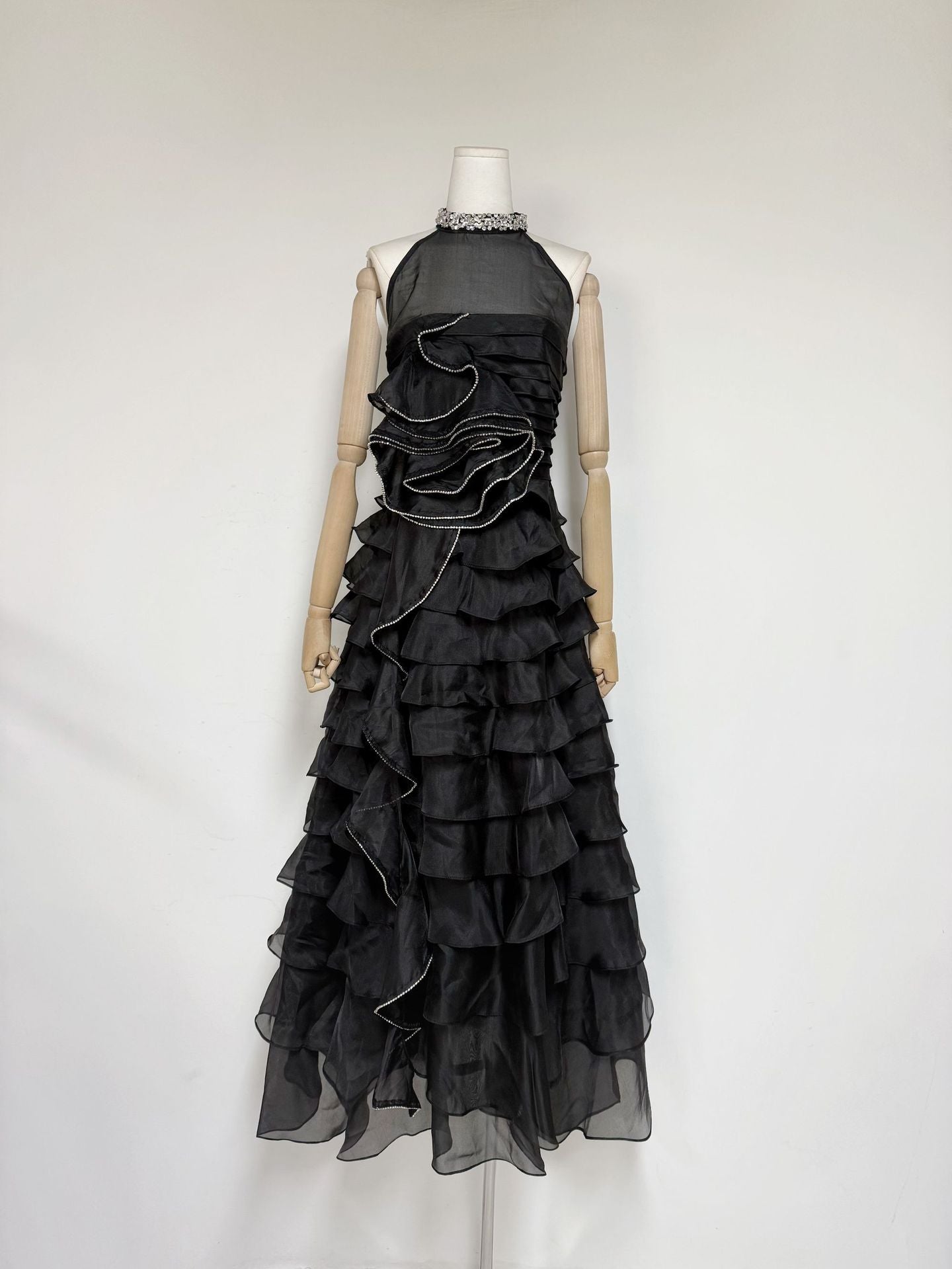 Samantha Black 3D Petal Ruffled Rhinestone Embellished Maxi Dress