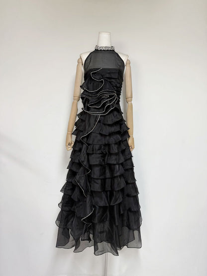 Samantha Black 3D Petal Ruffled Rhinestone Embellished Maxi Dress