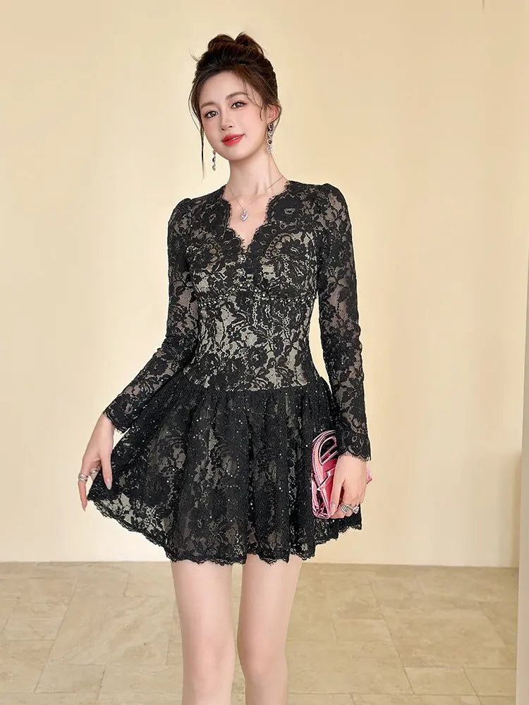 Sabrina Black Lace Hollow Long Sleeve A-Line Mini Dress Avalabel