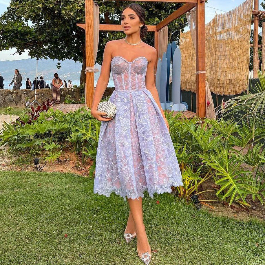 AGNENS Purple Sexy Strapless Embroidered Lace Midi Dress Avalabel