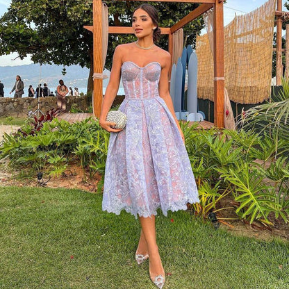 AGNENS Purple Sexy Strapless Embroidered Lace Midi Dress