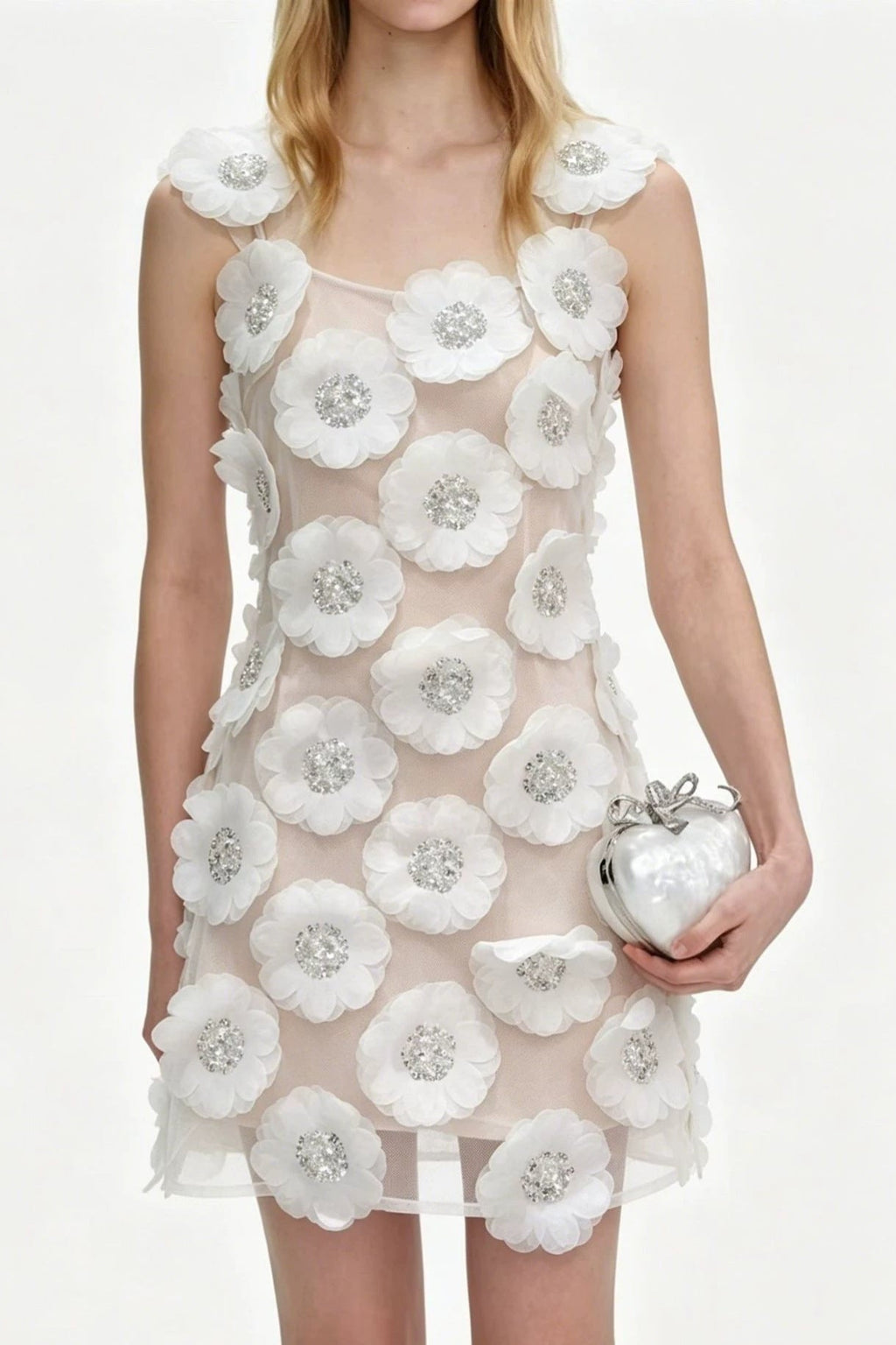 Lola Rhinestone 3D Flowers Mini Dress - White Avalabel