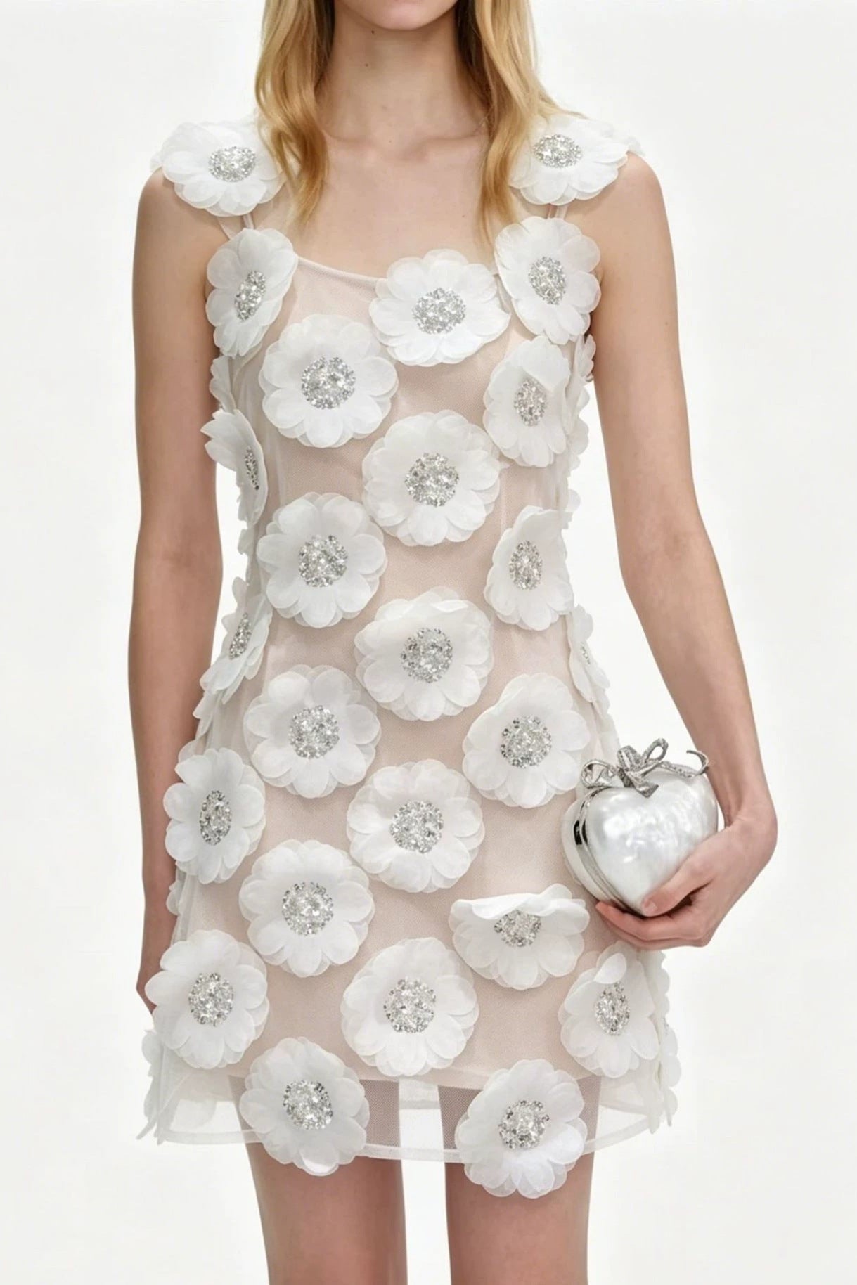 Lola Rhinestone 3D Flowers Mini Dress - White Avalabel