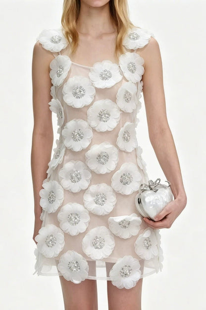 Lola Rhinestone 3D Flowers Mini Dress - White