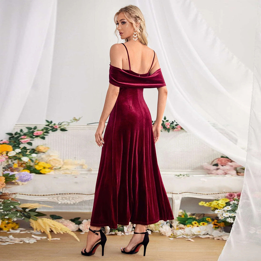 Slit Velvet Off-Shoulder Spaghetti Strap Dress Avalabel