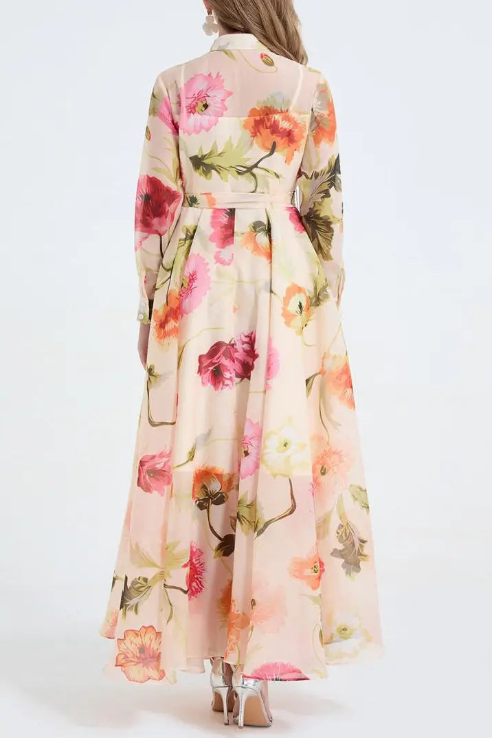 Dolores Colorful Floral Print Shirt Collar Maxi Dress Avalabel