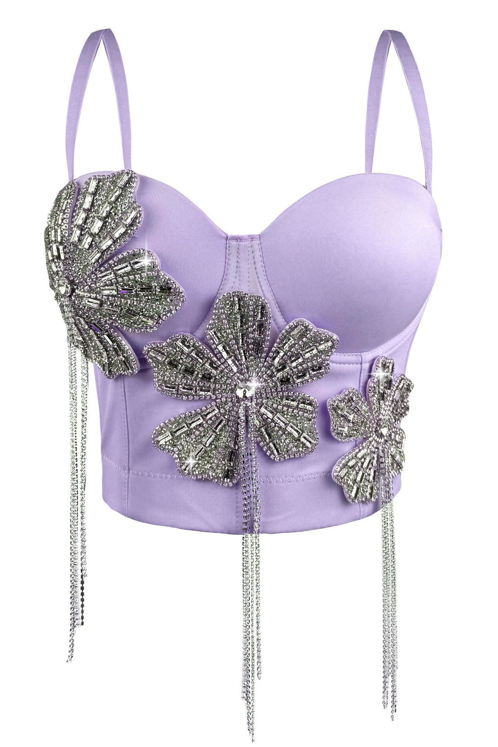 Spaghetti Strap 3D Rhinestone Flower Tassel Fringe Corset Bustier Top sis label