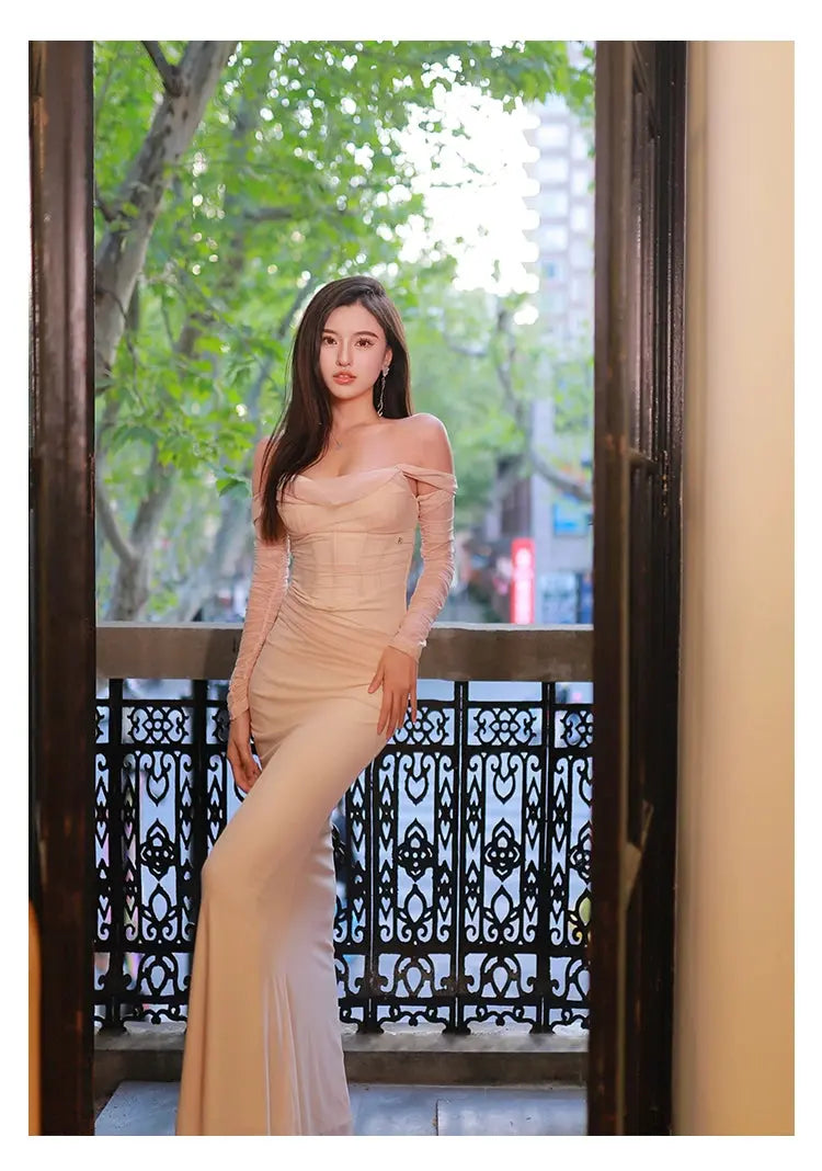 Ariel Apricot Mesh Off-Shoulder Mermaid Maxi Dress Avalabel