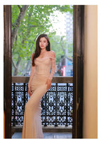 Ariel Apricot Mesh Off-Shoulder Mermaid Maxi Dress Avalabel