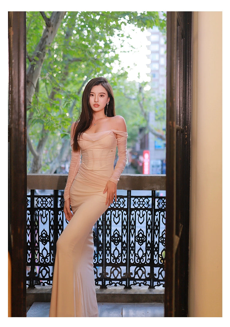 Ariel Apricot Mesh Off-Shoulder Mermaid Maxi Dress