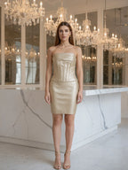 lauren pleated strapless back slit mini dress in gold Avalabel