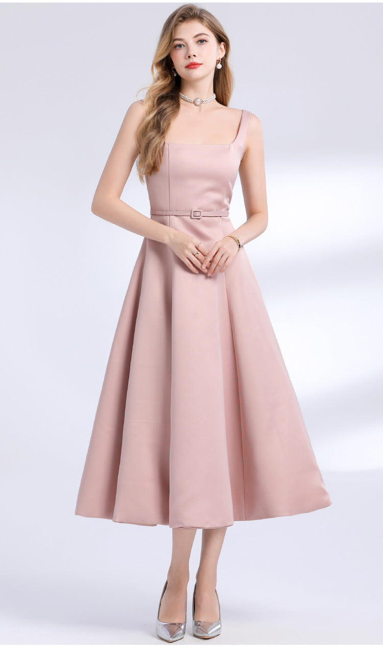 Amelia Square Neck Satin Slip Midi Dress - Pink Avalabel