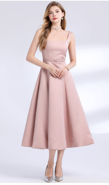 Amelia Square Neck Satin Slip Midi Dress - Pink Avalabel