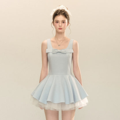 spliced mesh puffy mini dress