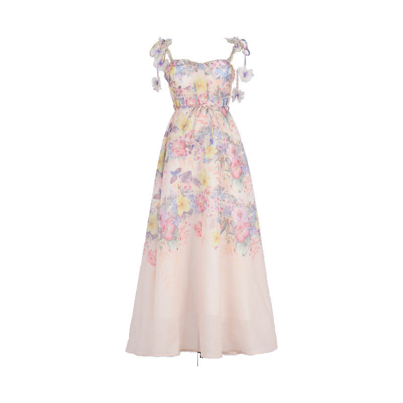 Pastel Floral Print Spaghetti Strap Midi Dress with 3D Flower Appliqués Avalabel