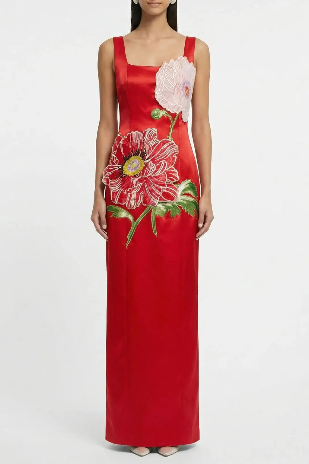 nicola square neck flower embroidery satin maxi dress in red Avalabel