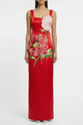 nicola square neck flower embroidery satin maxi dress in red Avalabel