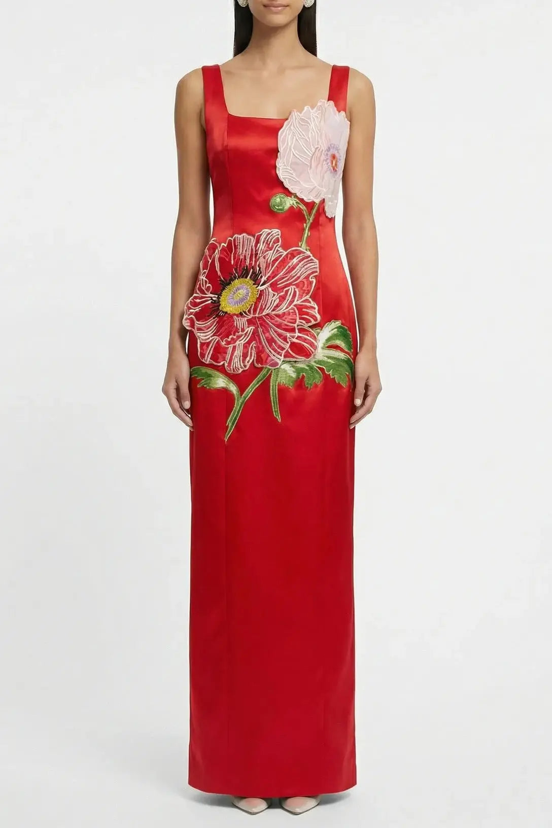 nicola square neck flower embroidery satin maxi dress in red Avalabel
