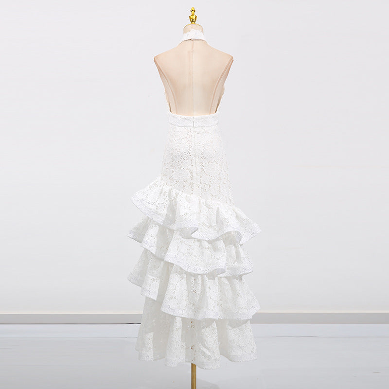 hazel white Deep V-neck halterneck layer ruffle trim maxi dress Avalabel
