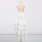 hazel white Deep V-neck halterneck layer ruffle trim maxi dress Avalabel