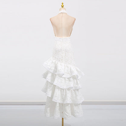 hazel white Deep V-neck halterneck layer ruffle trim maxi dress